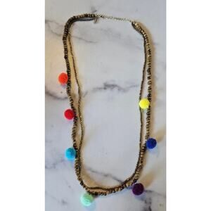 Panacea Womens Beaded Pom Pom Necklace Gold Multi Color Boho Layered Festival